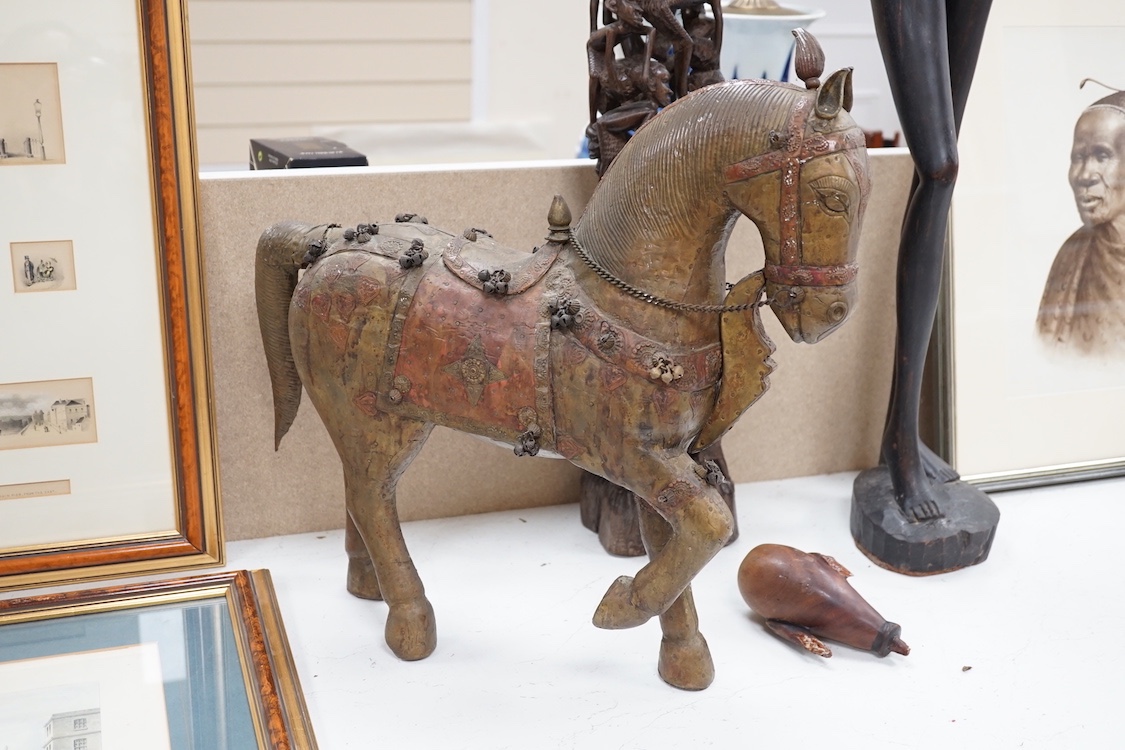 Two tribal carvings and a metal overlaid horse, horse 8 cms wide x 50 cms high.